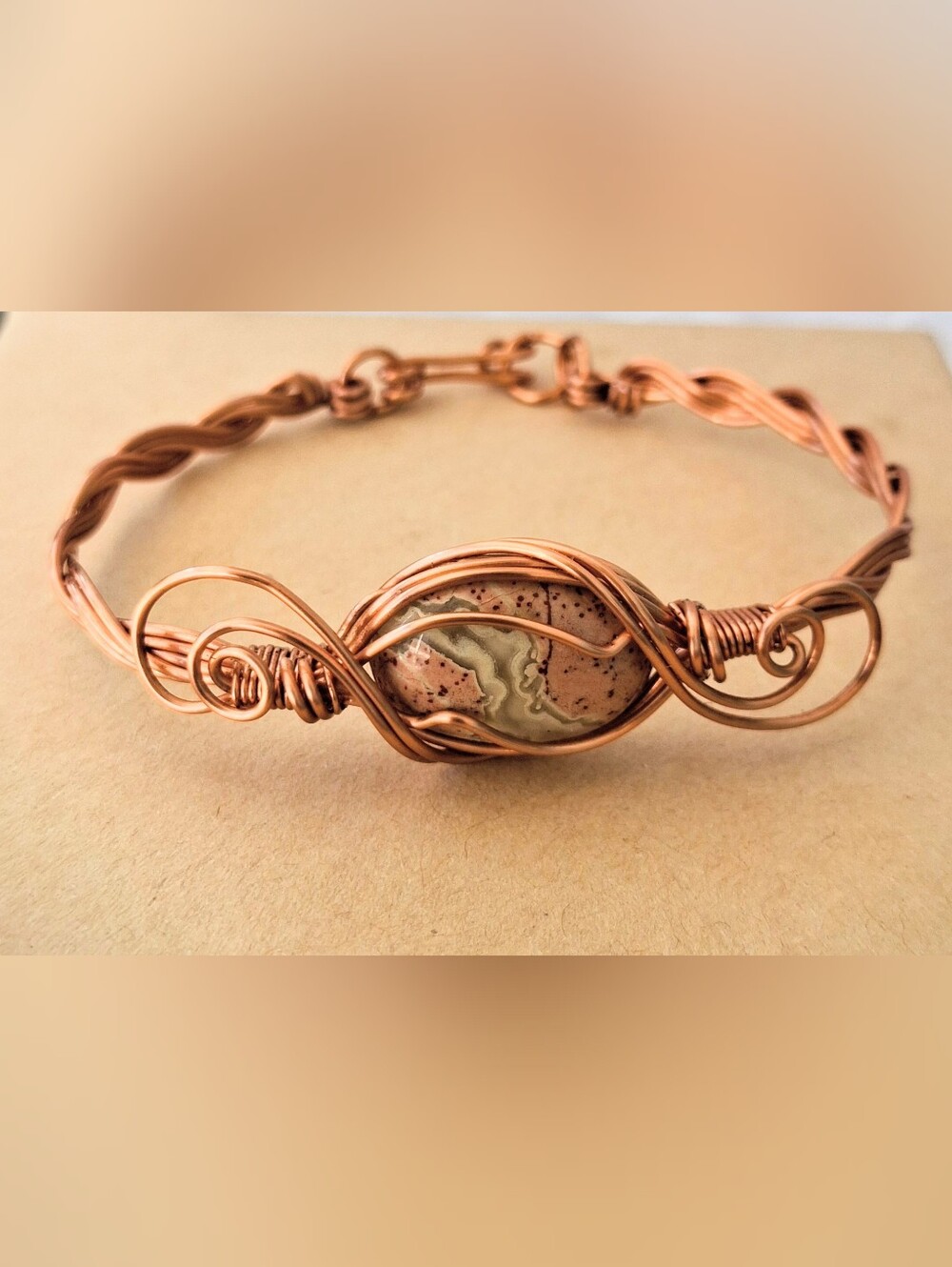 Handcrafted Copper Wire Bracelet with Crazy Lace Agate Stone Center
